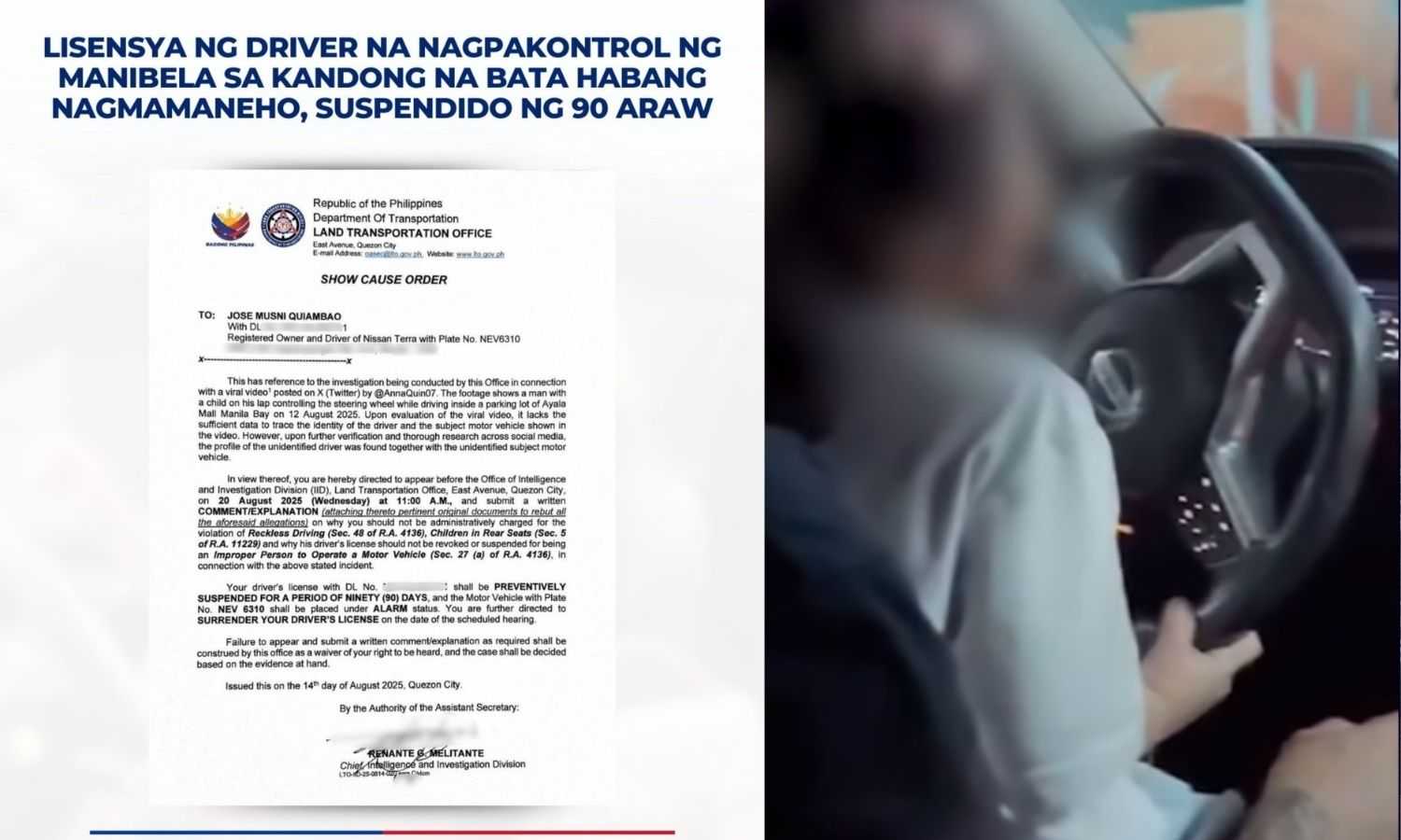 Baby driver: LTO suspends license of driver for 90 days after letting ‘child’ steer wheel