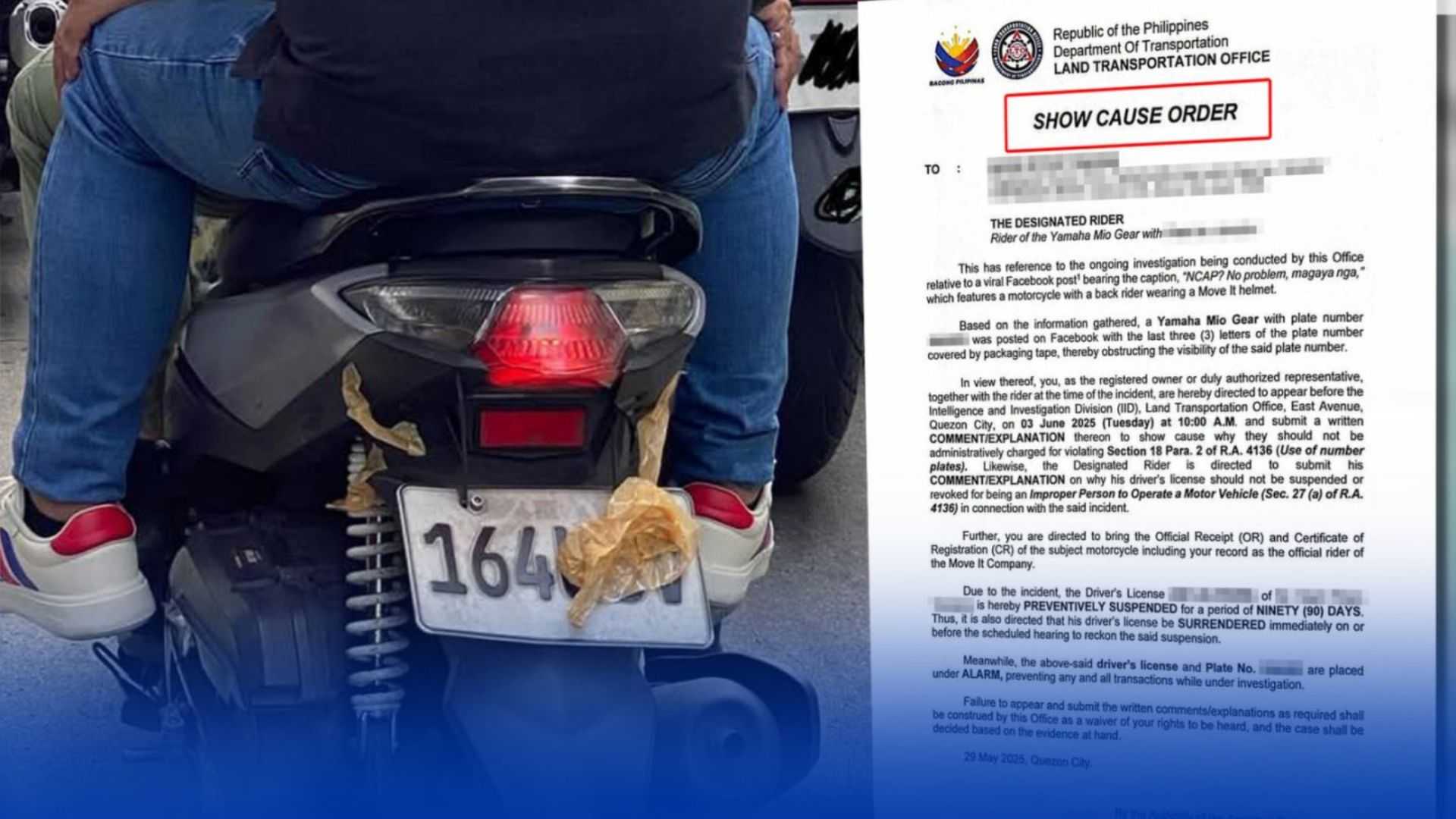 LTO suspends license of rider who covered motorcycle plate to evade NCAP