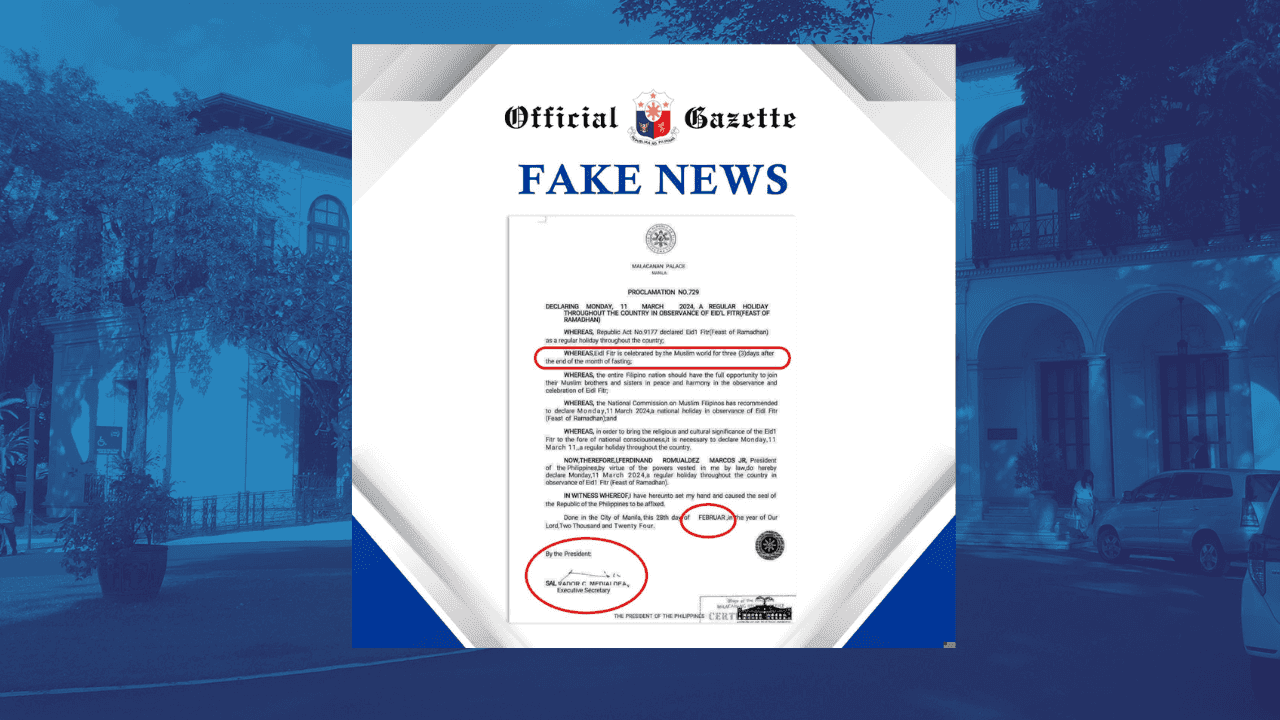Malacañang calls circulating proclamation order declaring March 11 holiday 'fake news'