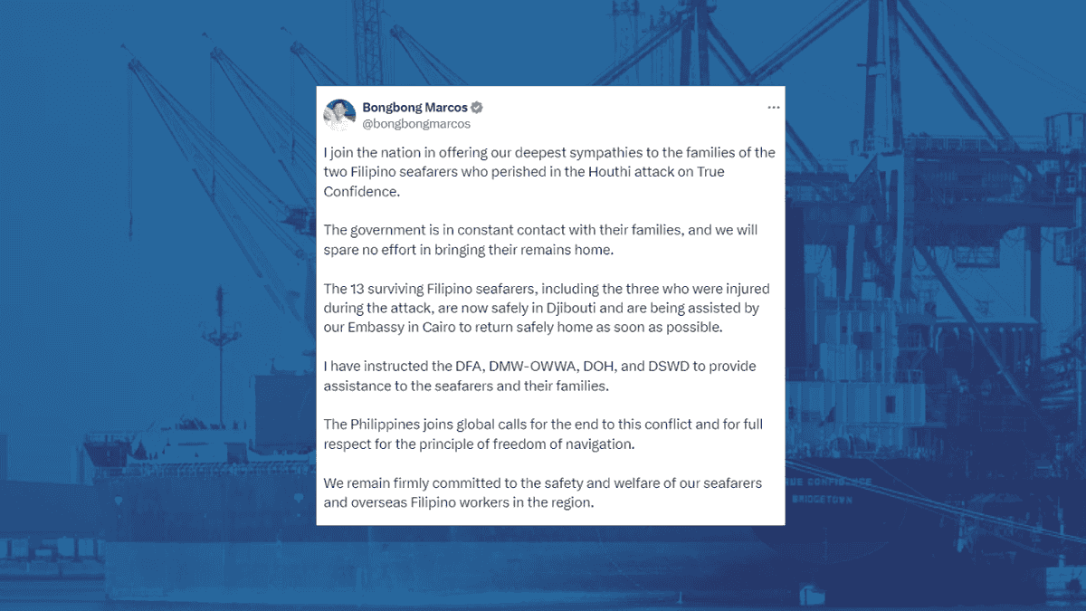 PBBM extends sympathies to families of 2 Pinoy seafarers killed in Houthi missile attack