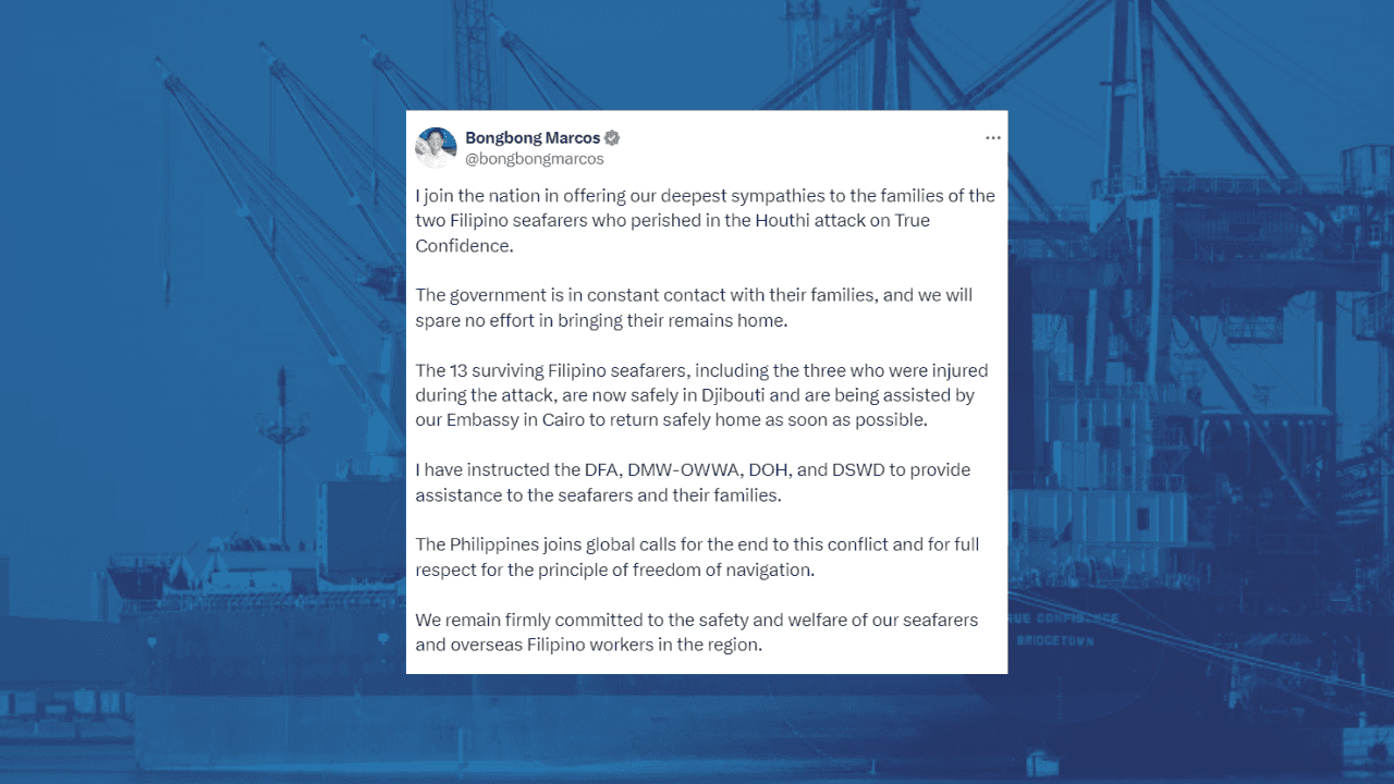 PBBM extends sympathies to families of 2 Pinoy seafarers killed in Houthi missile attack