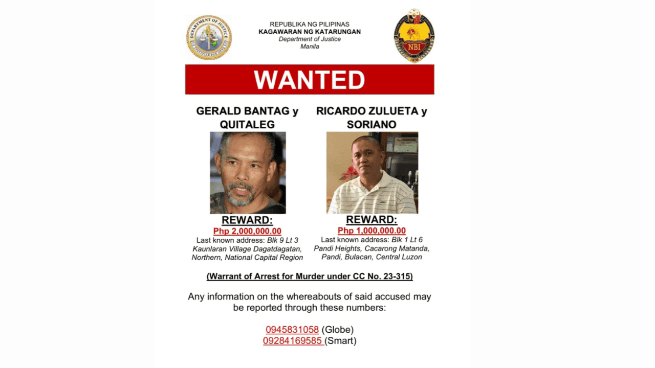 DOJ offers ₱3M reward for 'credible' info about Bantag, Zulueta