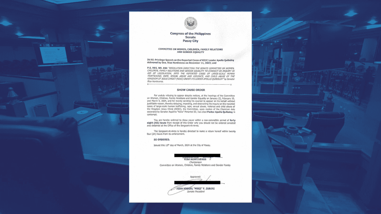 Senate panel issues show cause order to Apollo Quiboloy