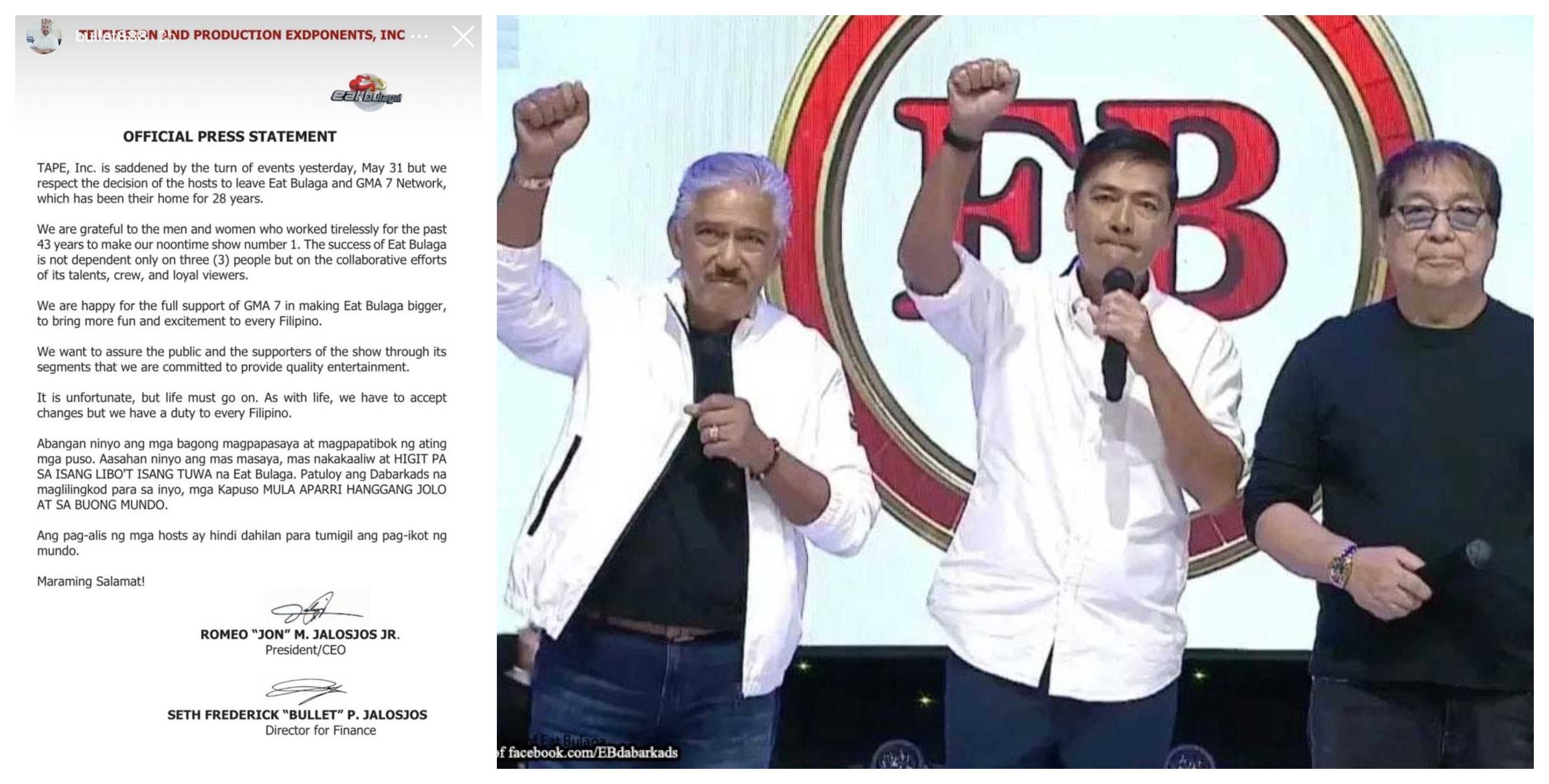 "It's unfortunate but life must go on" TAPE Inc. issues statement over Tito, Vic, Joey departure