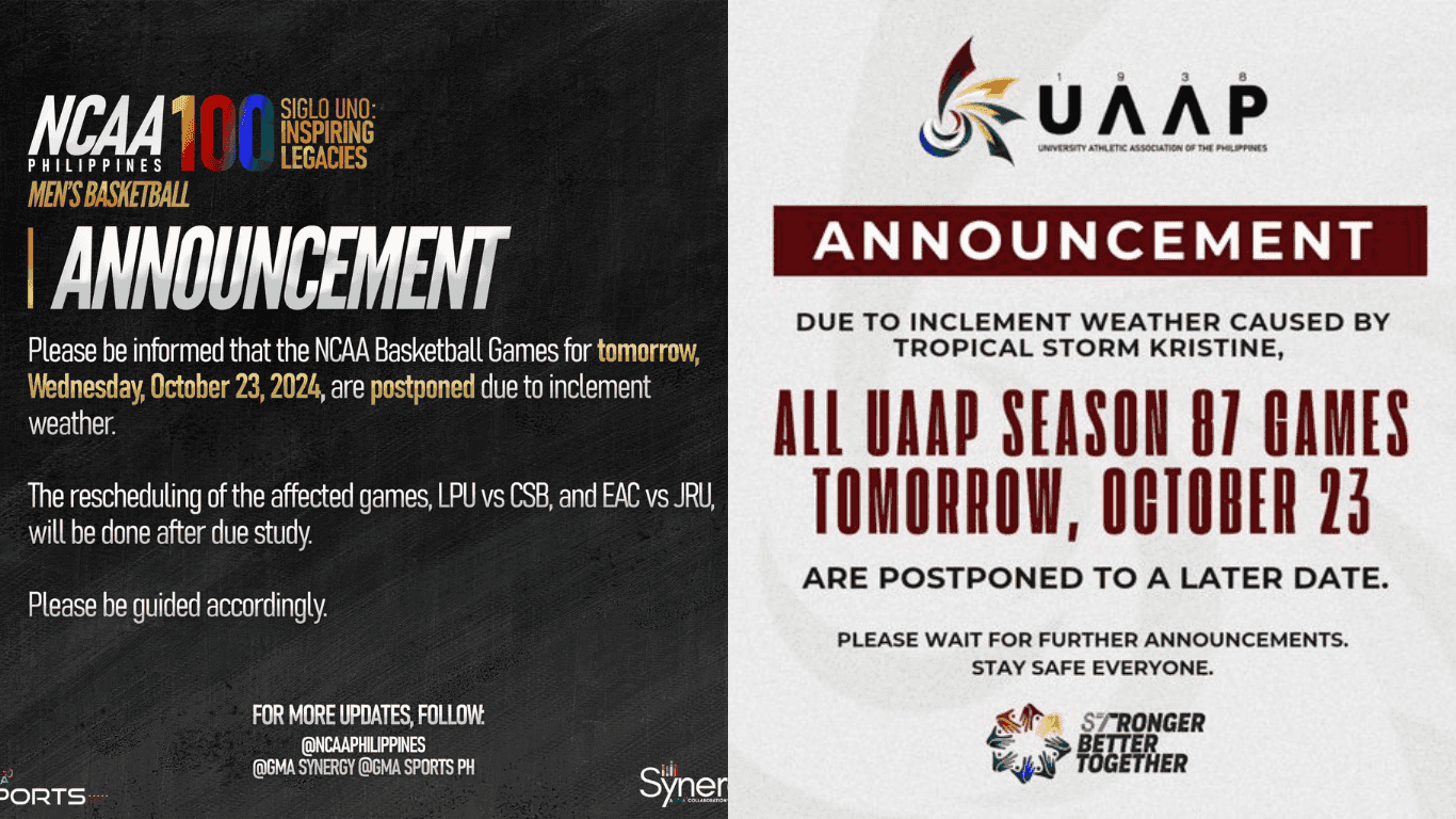 UAAP, NCAA games canceled today due to tropical storm Kristine