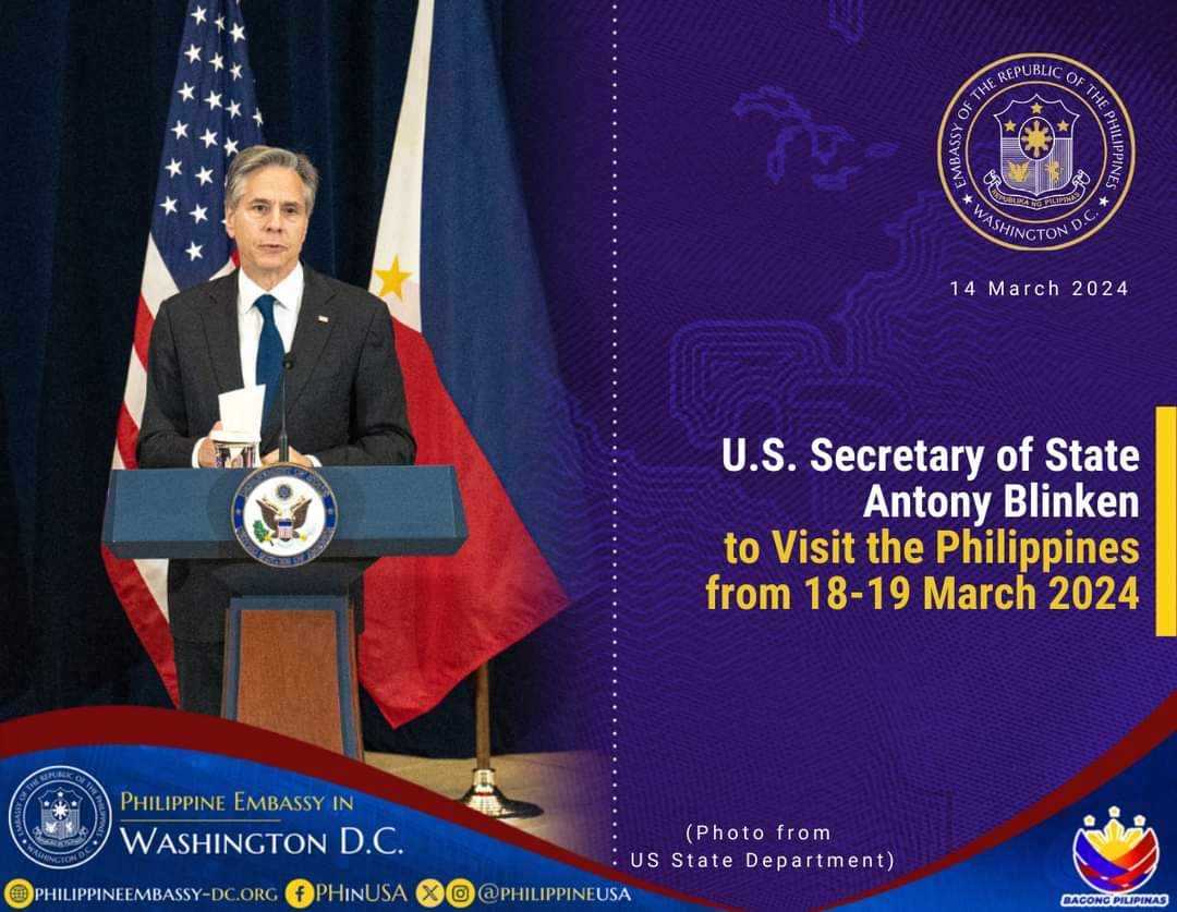 U.S. Secretary of State Blinken to visit PH; will meet PBBM and DFA Sec. Manalo – Philippine Embassy in Washington DC
